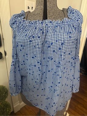 Women’s Seven Forty Two Blue Gingham Floral  Square Neck Top Medium